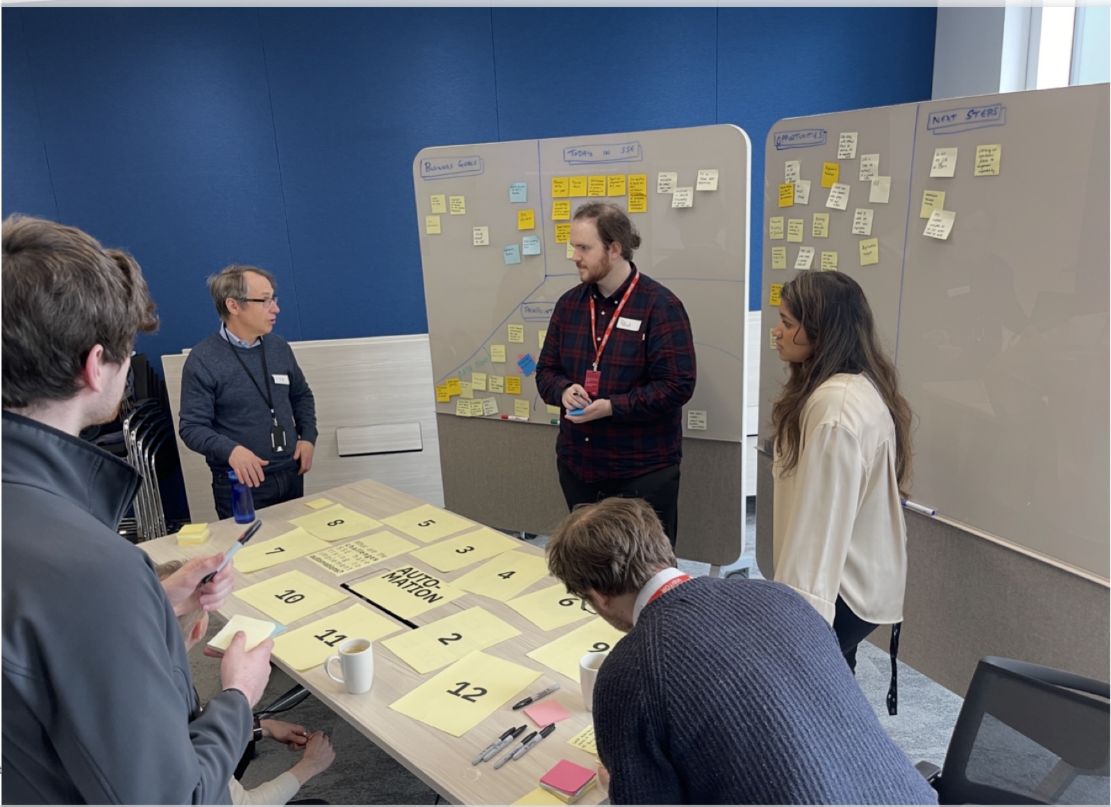 Karishma facilitating a workshop around a table covered in sticky notes